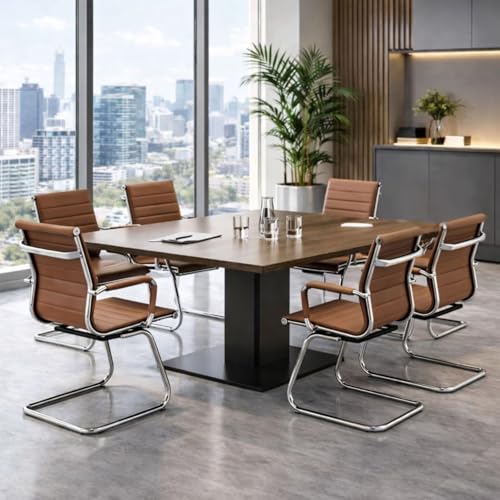DM Furniture Conference Room Chairs Set of 6, Waiting Room Chairs with Arms, Faux Leather Reception Chairs No Wheels, Office Guest Chairs with Mid Back Support and Chrome Sled Base, Cafe