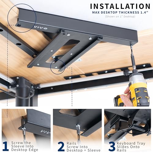VIVO Adjustable Computer Keyboard and Mouse Platform Tray with Corner Connector, Ergonomic Under Table Desk Mount Drawer for L-Shaped Workstations, Underdesk Shelf, Black, MOUNT-KB03B-C
