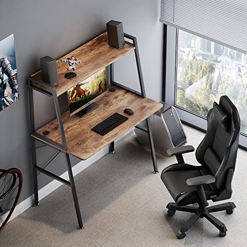 EUREKA ERGONOMIC,43 Inch 2-Tier Home Office Students Study Writing PC Gaming Table with Bookshelf Small Computer Ladder Desk with Storage Shelves,Modern Workstation for Space Saving, Rustic Brown