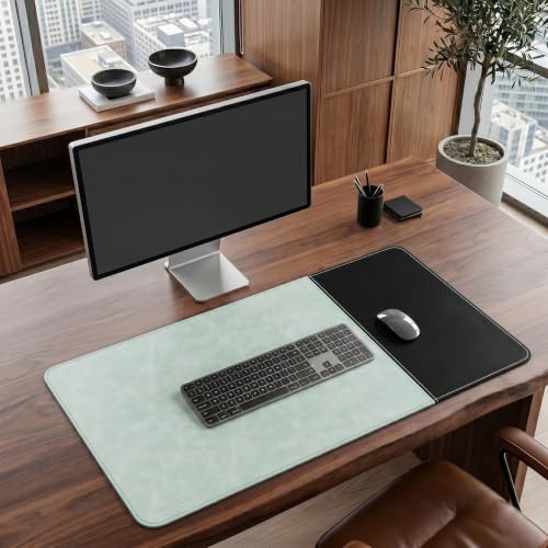 HAUTOCO Cork Desk Mat 31.5"x15.7", Distressed PU Leather & Smooth Cloth Mouse Pad, Non-Slip Large Gaming Desk Pad with Stitching Edges for Office Home, Mint Green