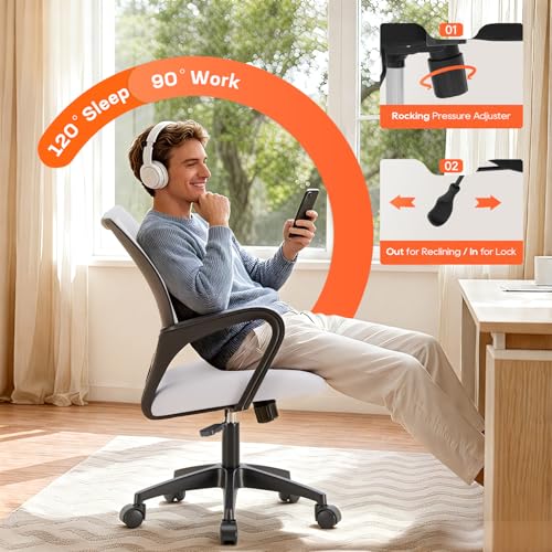 BestOffice | Ergonomic Office Chair | Mid-Back Swivel Desk Chair | Breathable Backrest & Lumbar Support | Adjustable Height | Sponge Seat | Rolling Wheels | White | for Adults & Women