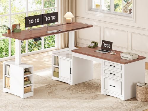 SEDETA Farmhouse L Shaped Electric Standing Desk, 63" x 67" Height Adjustable Home Office Executive Desk with Drawers, Standing Computer Desks with Power Outlet for Home Office, White+Brown