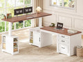 SEDETA Farmhouse L Shaped Electric Standing Desk, 63" x 67" Height Adjustable Home Office Executive Desk with Drawers, Standing Computer Desks with Power Outlet for Home Office, White+Brown