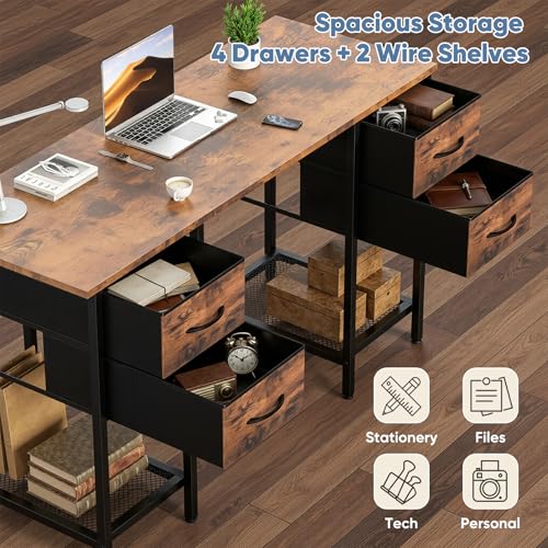 Sweetcrispy Computer Desk with Drawers, 55 Inch Home Office Bedroom Table with 4 Fabric Drawers & 2 Mesh Storage Shelves, Wood Table with X-Shaped Structure for Writing Study PC Desk, Brown