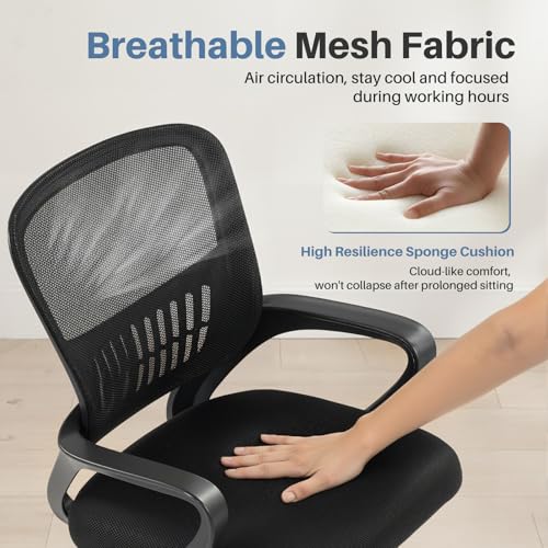 DUMOS Home Office Chair - Ergonomic Mid Back Mesh Desk Chair with Lumbar Support & Rocking Mode, Height Adjustable, Fixed Armrest, for Conference, Computer, 360° Swivel, Adults, Black