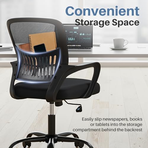 DUMOS Home Office Chair - Ergonomic Mid Back Mesh Desk Chair with Lumbar Support & Rocking Mode, Height Adjustable, Fixed Armrest, for Conference, Computer, 360° Swivel, Adults, Black