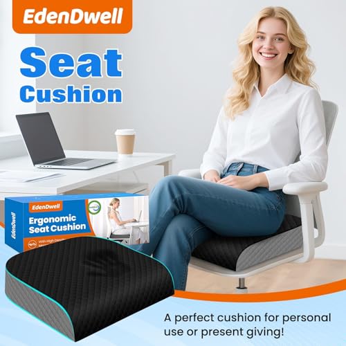 EdenDwell Seat Cushion, Memory Foam Chair Pad for Sciatica & Hip Pain Relief, Non-Slip Cushion for Office, Home, Car, Large Desk Chair Cushion, Washable Cover & Handle, Large, Black