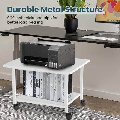 SwaaVee Printer Stand, 2-Tier Under Desk Printer Stand, Printer Cart with Wheels for Home, Office, Heavy-Duty Storage Shelf, White