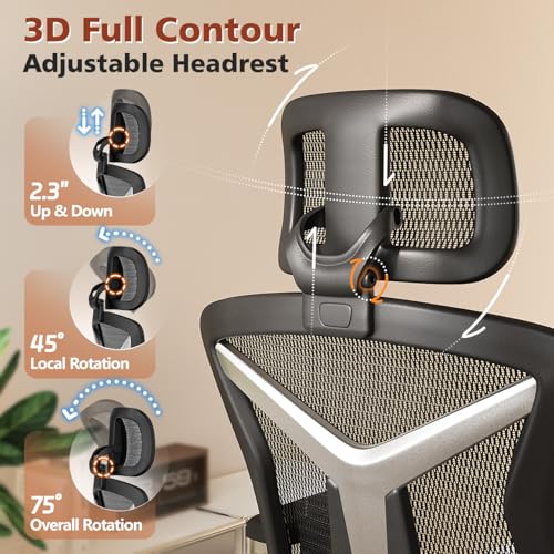 Ergonomic Office Chair with Footrest, Desk Chair Comfy with 3D Adjustable Lumbar Support & Arm & Headrest, 4 Gear 90°-135° Tilt, Wide Air Mesh Seat, Heavy Duty Class-4 Gas Lift, Computer Gaming Chair