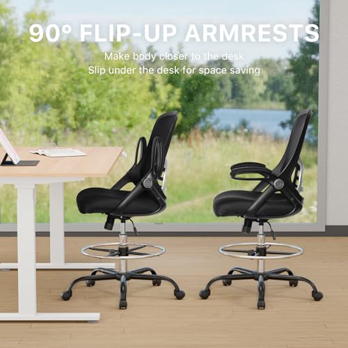 HYLONE Drafting Chair Tall Office Chair High-Back Mesh Standing Desk Stool with Adjustable Footrest Ring and Flip-Up Arms Black