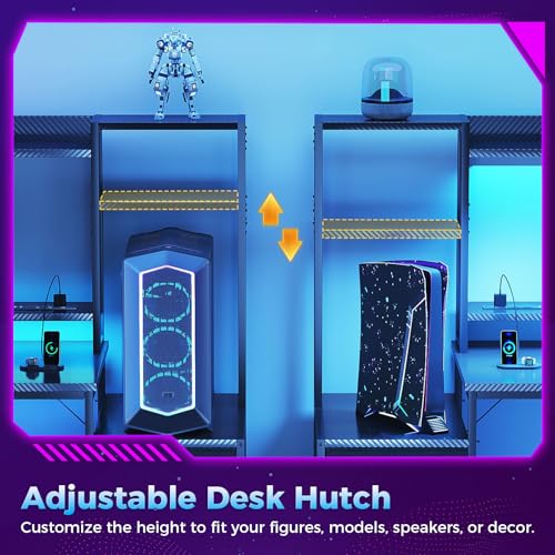 Casaottima 48 Inch Gaming Desk with Hutch & 3 Fabric Drawers, Computer Desk with USB Ports & LED Lights, Reversible Pc Gamer Table with Monitor Stand for Home Office, Carbon Fiber Black