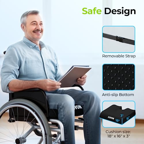AUVON Gel Wheelchair Seat Cushion with Waterproof Cover for Pressure Sore & Ulcer, Ergonomic Chair Cushion with U-Cutout for Tailbone Pain, Back Pain Relief, Memory Foam Wheelchair Cushion, Anti-Slip