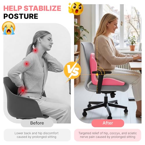 Ergonomic Seat Cushion, Office Chair Seat Cushions with L-Shaped Integrated Design, Memory Foam Orthopedic Cushion with Coccyx Hollow, Lumbar Support & Tailbone Pain Relief for Long Sitting (Pink)