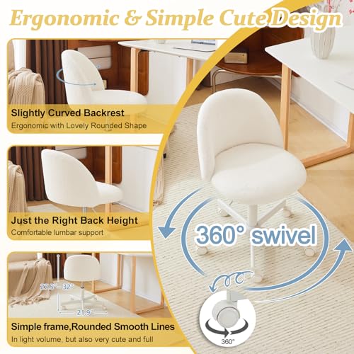 VINGLI Modern Vanity Chair with Back, Velvet Desk Chair for Girls, Small Office Chair with Silent Wheels， Stylish and Comfortable, White