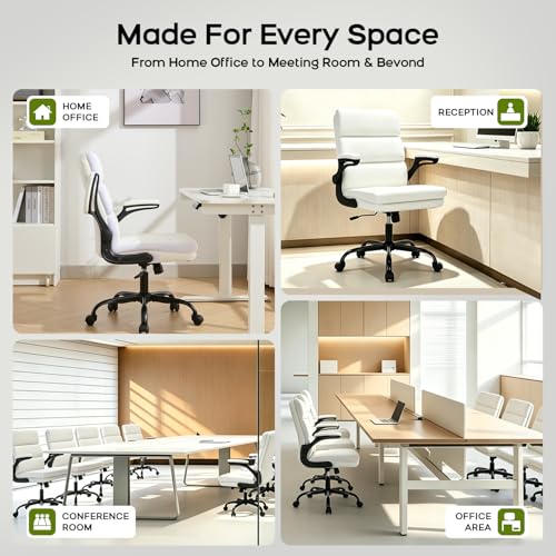 Office Chair Adjustable Desk Chair Mid Back Executive Comfortable Bonded Leather Ergonomic Back Support Home Computer Chair with Padded Flip-up Armrest Swivel Wheels (White)