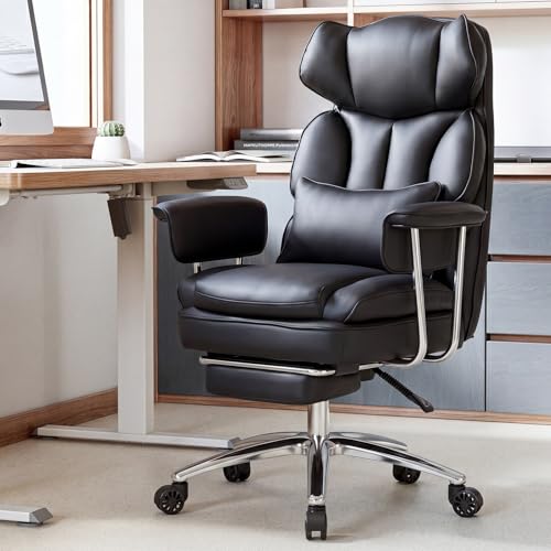 Sweetcrispy Executive Home Office Desk Chair - Ergonomic Big Tall High Back with Footrest & Lumbar Support, Reclining Height Adjustable, Comfy PU Leather Computer Gaming with Swivel Wheels, Black