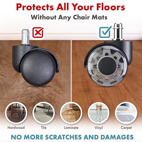 SEDDOX Office Chair Wheels Replacement Set of 5 - Dual 2 Inch Soft Chair Casters for Hardwood Vinyl Tile - Heavy Duty & Safe for All Floors - Universal Fit Most Computer Gaming & Desk Chairs - Grey
