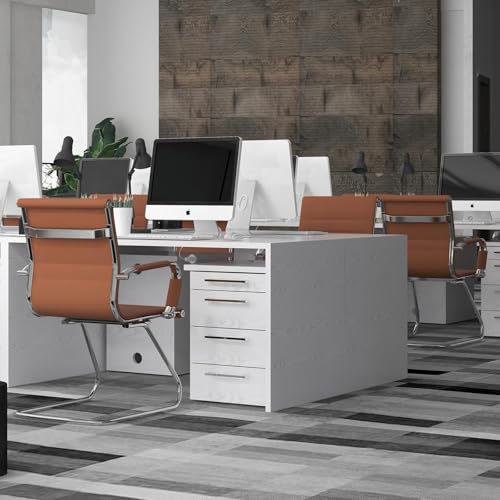 DM Furniture Conference Room Chairs Set of 6, Waiting Room Chairs with Arms, Faux Leather Reception Chairs No Wheels, Office Guest Chairs with Mid Back Support and Chrome Sled Base, Cafe