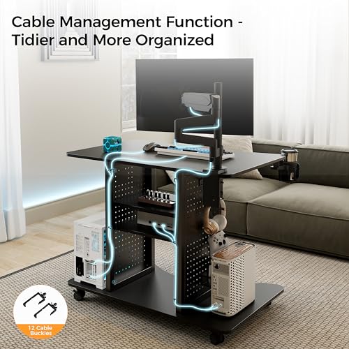 EUREKA ERGONOMIC Gaming Desk Computer, 37" Rolling Desk on Wheels for Small Space, Mobile Computer Cart with Pegboards Adjustable Shelves for Gaming PS Switch Home Office - Black