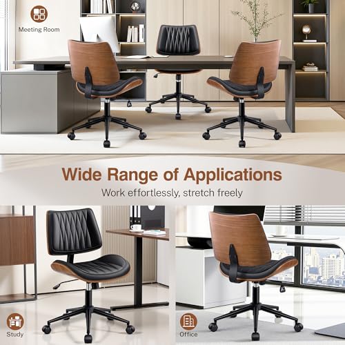 Ergonomic Armless Office Desk Chair - Mid-Century Modern Black Faux Leather with Diamond Stitch, Adjustable Height Swivel Rolling Task Computer Chair with Walnut Accent for Home Office, Study & Work