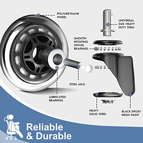 Huracan Office Chair Wheels, Set of 5, Replacement Rubber Chair Caster Wheels for Hardwood Floor, NOT Compatible for IKEA, Computer Desk Chair Wheels, Heavy Duty Office Chair Casters