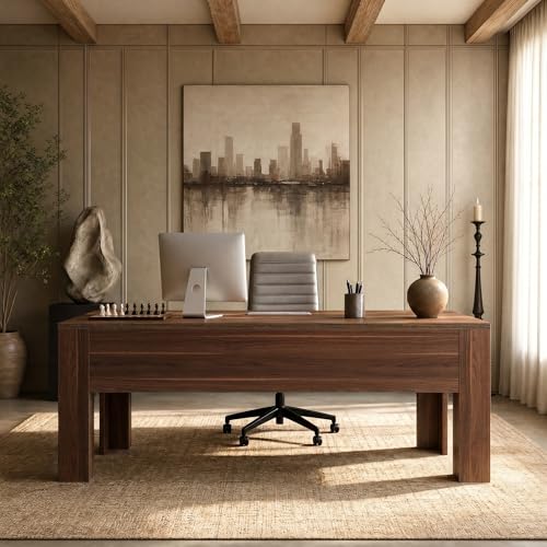 Tribesigns 63 in. Long Office Desk with Spacious Tabletop,Wooden Computer Desk with Sturdy Legs and Front Baffle,Modern Workstation for Home Office,Walnut