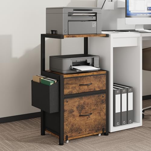 HIGDBFE File Cabinet with 2-Tier Shelf, Letter Size Drawer Filing Cabinet with Reversible Side Bag, Vertical Office Cabinet Printer Stand with Storage for Home Office, Rustic Brown, 16.5" W