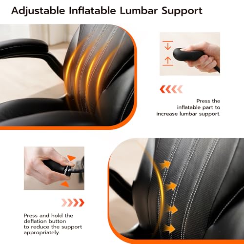 Ylzyxal Office Desk Chair, Ergonomic Computer Chair with Padded Flip-Up Arms and Adjustable Lumbar Support, PU Leather Executive Chair with Tilt Lock and 360° Swivel Rolling Wheels for Work, Study