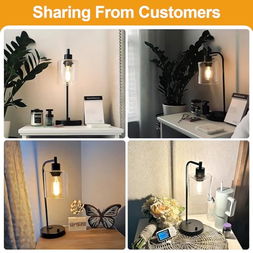Set of 2 Industrial Table Lamps with USB C+A Ports and Outlet, Fully Stepless Dimmable Bedside Lamps for Bedrooms, Nightstand Desk Lamp with Glass Shade for Reading Living Room Office (Bulbs Included)