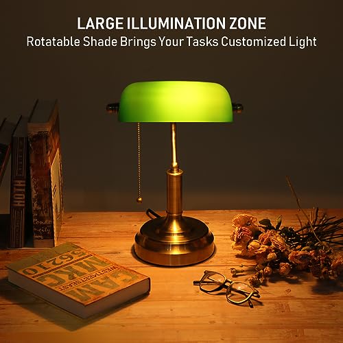 TORCHSTAR Green Glass Bankers Desk Lamp, Antique Desk Lamps with Brass Finish Base, Traditional Library Lamp with Pull Chain, E26 Base, Vintage Desk Lamp for Office, Study Room