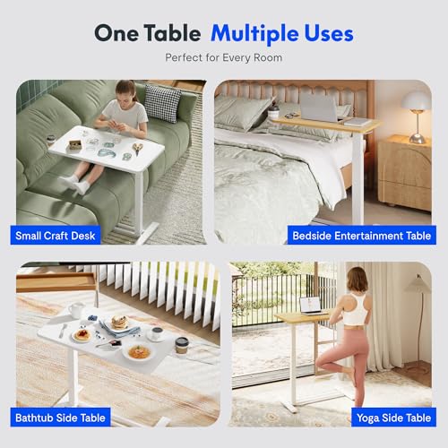 FLEXISPOT H7 Adjustable Overbed Bedside Table with Wheels Pneumatic Mobile Standing Laptop Desk Rolling Computer Cart Movable Overbed Table Hospital Home Use (31.5" W x 17.7" D, White Large)