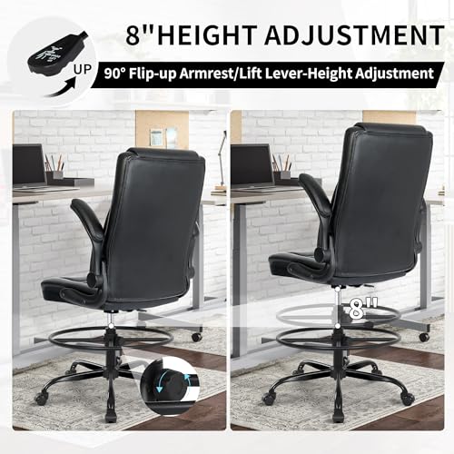 Misolant Drafting Chair with Footrest Ring, Tall Office Chair for Standing Desk, PU Faux Leather Bar Counter Height Chairs with Adjustable Height, 360° Swivel Wheels for Garage Office, Black