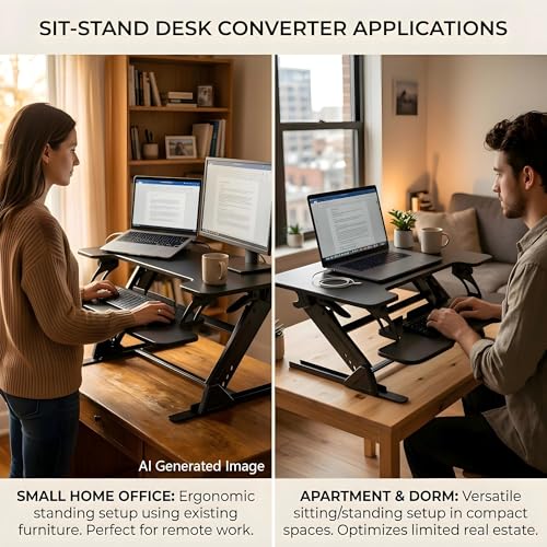 NSY Audio Standing Desk Converter 36 x 24 Inches - Height Adjustable Sit to Stand Riser with Keyboard Tray, Ergonomic Workstation for Home Office, Black