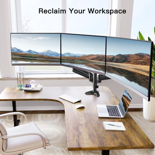 HUANUO Triple Monitor Mount for 17 to 32 inch Screens, Steel Monitor Mount Reinforcement Plate for Thin, Glass and Other Fragile Tabletop
