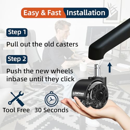 2'' Office Chair Wheels, Heavy Duty Desk Chair Caster Wheels Replacement, Mute Rubber Rotating Chair Wheels for Hardwood, Floors, Carpet, Universal Standard Stem Size Fit, Set of 5 (Black)