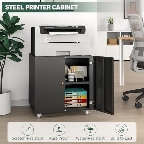 TEEALUBAN Large Printer Stand with Storage,3D Heavy-Duty Printer Table for Home Office with Wheels,2 Doors and Adjustable Shelves,23.62" H Black