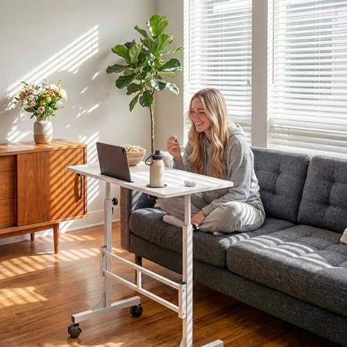Furmax 31.4" Small Portable Standing Desk Height Adjustable with Lockable Wheels, Mobile Stand Laptop Computer Workstation for Walking Pad Treadmill (White)