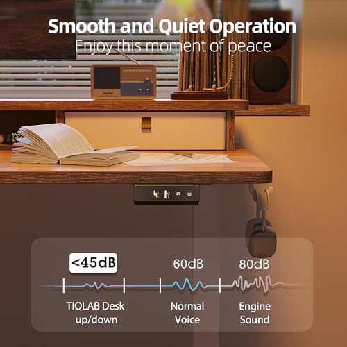 TIQLAB Standing Desk with Two Drawers, Stand Up Standing Desk Adjustable Height, Electric Sit Stand Table with Storage Shelf and Splice Board, 48 * 24 inch, Maple