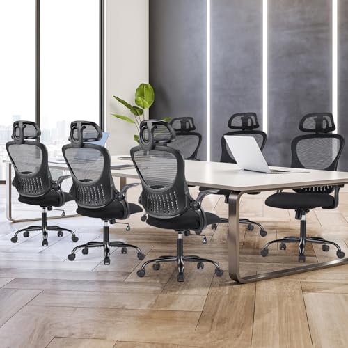 Sweetcrispy Home Office Managerial Executive Chair, High-Back Mesh with Adjustable Headrest, Flip-up Armrest Comfortable Lumbar Support, Comfy Arms for Bedroom,Study,Student