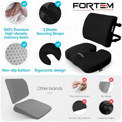 FORTEM Seat Cushion, Office Chair Cushion, Lumbar Support Pillow for Office Chair, Memory Foam Car Seat Cushions, Sciatica Coccyx Tailbone Pain Relief, Cushions for Back Support, Washable, Non Slip