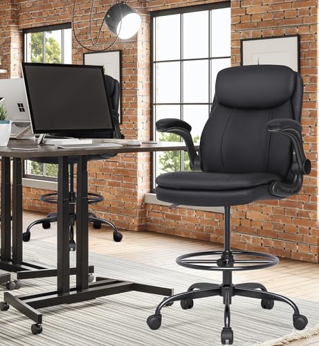 Misolant Drafting Chair, Tall Office Chair for Standing Desk, High Leather Executive Office Chair with Adjustable Height and Flip-up Armrest for Counter Height Desk