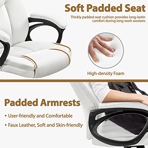 Yaheetech High Back Executive Office Chair Faux Leather Ergonomic Managerial Chair for Meeting Computer Large Seat, Sturdy Metal Base,White