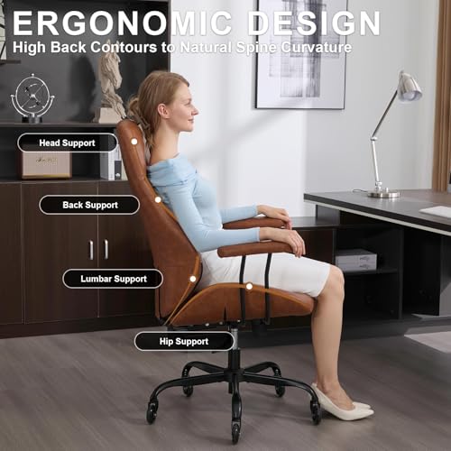 E-Motie Office Chair with Rubber Wheels, Ergonomic Computer Chair 500 lbs, Leather Desk Chair with Lumbar Support, Executive Chair Adjustable Height & Recline, Brown
