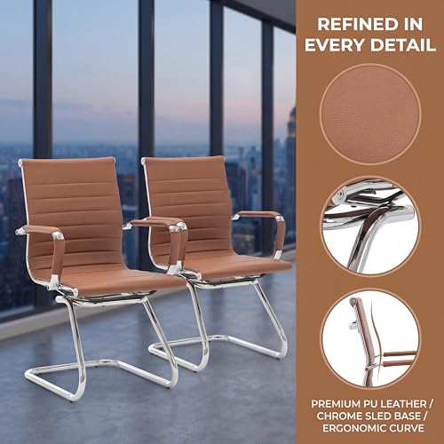 DM Furniture Conference Room Chairs Set of 6, Waiting Room Chairs with Arms, Faux Leather Reception Chairs No Wheels, Office Guest Chairs with Mid Back Support and Chrome Sled Base, Cafe