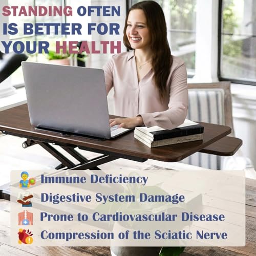 VENLUSUIR Standing Desk Converter 32" - Sit to Stand Desk Converter for Dual Monitors - Height Adjustable Desk Riser for Standing - Home Office & Corporate Use - Relieve Back Pain(Walnut)