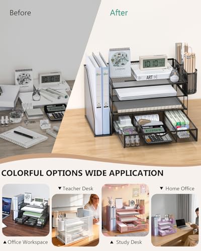 WALI Bundles Monitor Stand Riser with Drawer and 2 Pen Holders and Desk File Organizer, 4 Tier Desktop Paper Letter Tray Organizer with Drawer and 2 Pen Holders (PTT004-B+DO005DH-B)