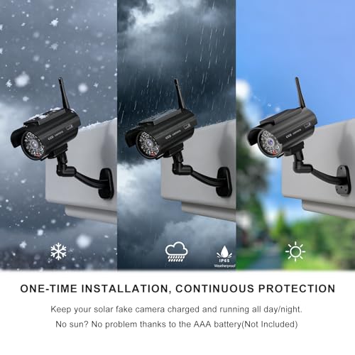 WALI Dummy Fake Camera, Solar Powered Fake Security Camera with LED Light, Simulated Surveillance Security CCTV Dome Cameras with Antenna and Warning Sticker Indoor Outdoor (SOL-TCB4), 4 Packs, Black