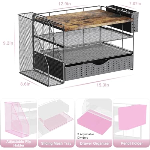 gianotter Wood Desk Organizers and Accessories with File Sorters, 4-Tier Desk Accessories & Workspace Organizers with Drawer and Pen Holder, Desk Reference Organizer (Wood, 4T with Drawer)