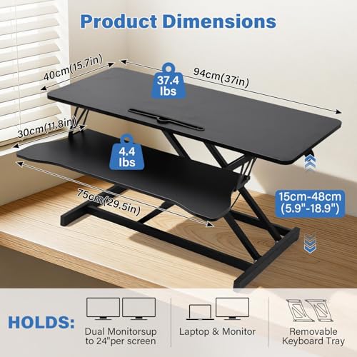 37" Height Adjustable Standing Desk Converter, Two Monitor Stable Stand up Desk Converter, 5.9"-18.8" Height Adjustable Laptop Workstation with Keyboard Tray, Desktop Riser for Home and Company