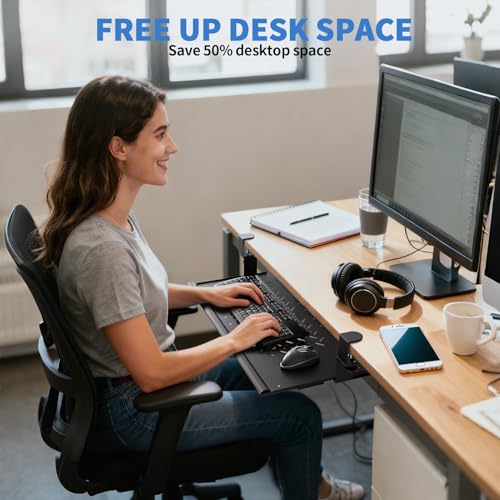 Strifuture Keyboard Tray Under Desk - Full Metal Slide Out Holder, Rust-Resistant & Scratch-Proof, 26x13" Tray, Double C-Clamps for L Shape/Regular Desks, Standing/Sitting Workstation(Black-A)